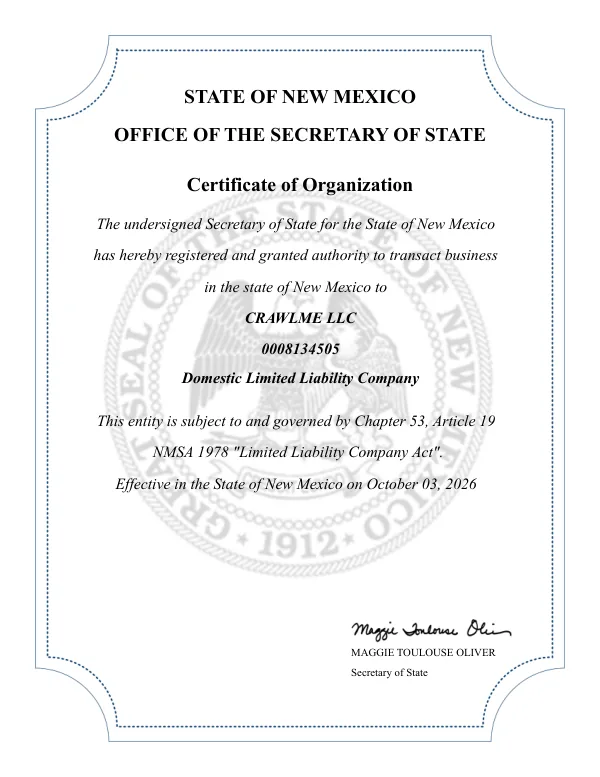 Certificate of Organization issued by the New Mexico Secretary of State to CRAWLME LLC, a domestic limited liability company, effective October 3, 2026