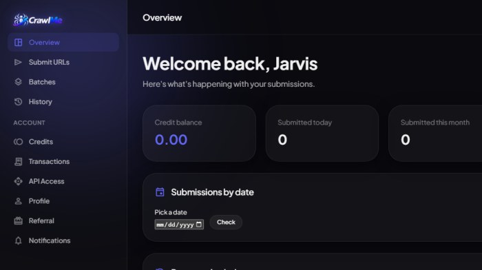 CrawlMe dashboard overview showing credit balance and submission stats